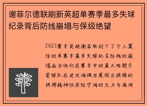 谢菲尔德联刷新英超单赛季最多失球纪录背后防线崩塌与保级绝望