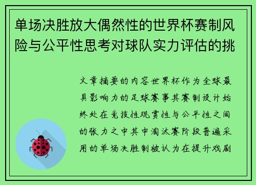 单场决胜放大偶然性的世界杯赛制风险与公平性思考对球队实力评估的挑战