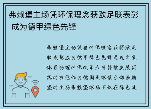 弗赖堡主场凭环保理念获欧足联表彰 成为德甲绿色先锋